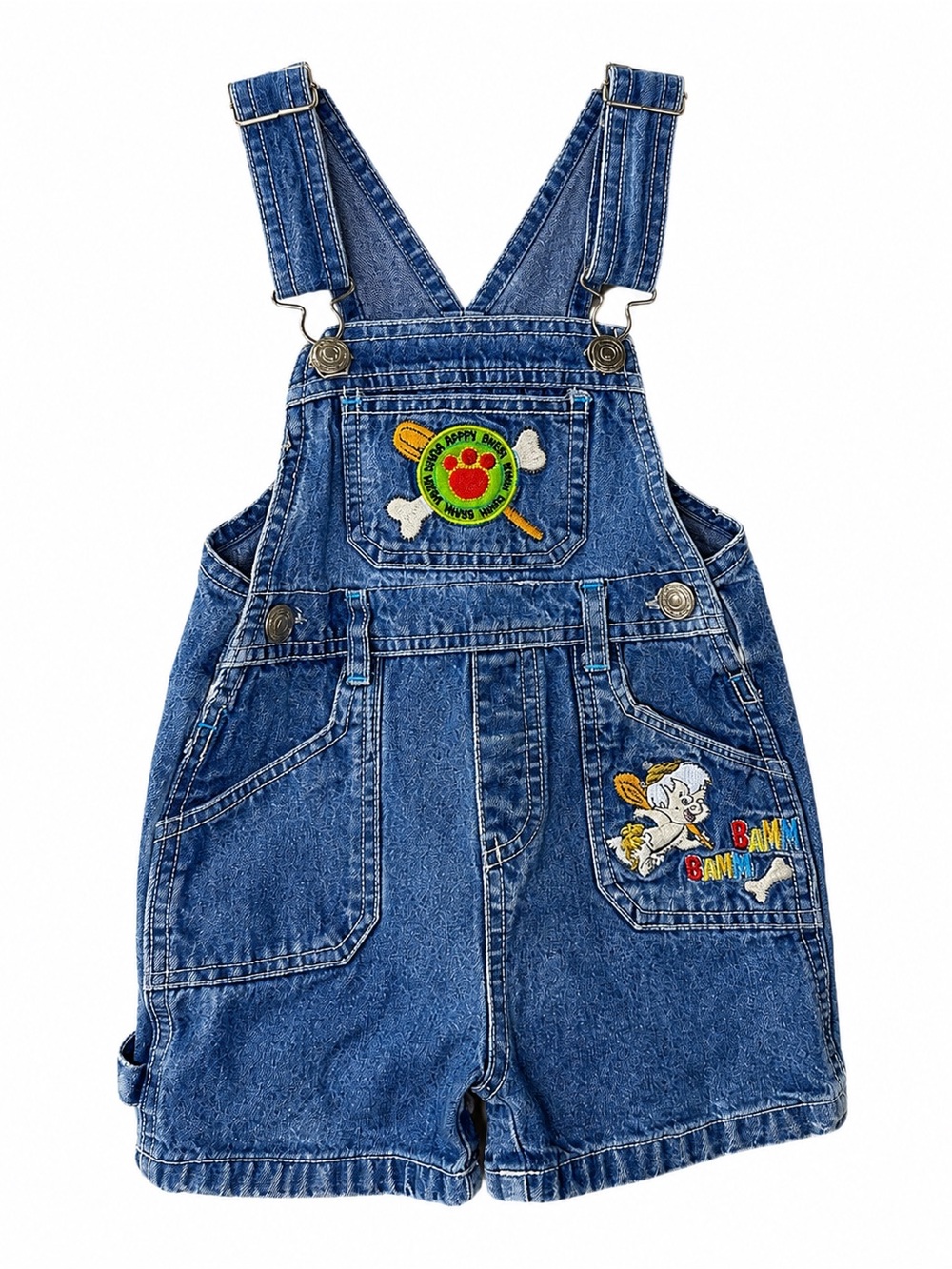 RARE Vintage Flinstones Bamm Bamm Denim Short Overalls Embroidered Toddler Y2K